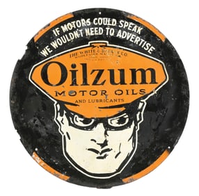 OILZUM MOTOR OILS TIN SERVICE STATION SIGN WITH OSWALD GRAPHIC