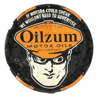 OILZUM MOTOR OILS TIN SERVICE STATION SIGN WITH OSWALD GRAPHIC: DST. C. 1940s. CONDITION: Sign showing heavier wear throughout each side, with areas of surface scratching and paint loss as well as areas of touch-up throughout the black. All though worn, a rare and