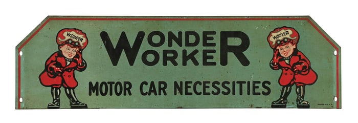 WONDER WORKER MOTOR CAR NECESSITIES TIN RACK TOPPER SIGN