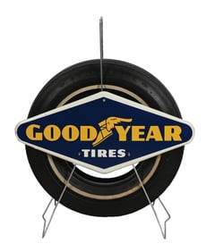 GOODYEAR TIRES TIN SERVICE STATION TIRE RACK SIGN W/ TIRE