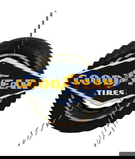 GOODYEAR TIRES TIN SERVICE STATION TIRE RACK SIGN W/ TIRE: SST. C. 1960s. Most likely a NOS example. CONDITION: Sign shows brilliant color and gloss throughout, with only minimal areas of light storage wear at the outer edges. Metal racking is in excellent