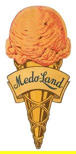 MEDO-LAND ICE CREAM DIECUT TIN ICECREAM CONE SIGN: SST. C. 1950s. CONDITION: Very good color and gloss throughout the field, with light areas of surface scratching as well as some minor age staining. Sign shows clean mounting holes, with moderate