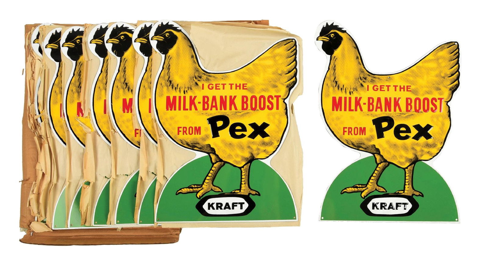 N.O.S. GROUP OF 22: KRAFT PEX CHICKEN FEED EMBOSSED TIN FIGURAL SIGNS W/ BOX: New Old Stock with box group of twenty-two C. 1960s Embossed Tin Signs for Kraft Brand Pex Chicken Feed showing "I Get The Milk Bank Boost" on each with and excellent embossed Chicken graphic. CONDITI