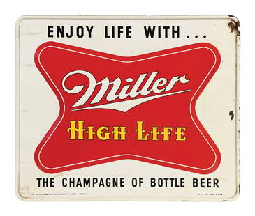 MILLER HIGH LIFE EMBOSSED TIN SIGN: SST. Maker marked MCA, dated 1954. CONDITION: Excellent color and gloss throughout the field, with minor surface scratching and minimal staining. Areas of paint loss at the right with light metal