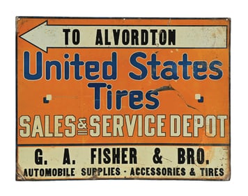 UNITED STATES TIRES "TO ALVORDTON" TIN SIGN W/ DIRECTIONAL ARROW