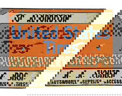 UNITED STATES TIRES "TO ALVORDTON" TIN SIGN W/ DIRECTIONAL ARROW: SST. C. 1920s. CONDITION: Very good color and gloss throughout, with moderate wear in the field showing paint scratching as well as surface rusting. Areas of creasing and paint wear at the corners
