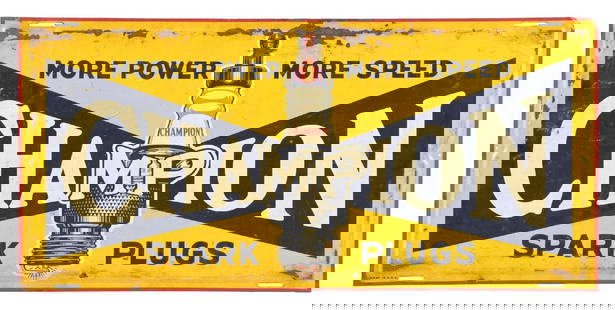 CHAMPIONS SPARK PLUGS TIN SIGN W/ SPARK PLUG GRAPHIC: SST. C. 1940s. CONDITION: Fair color and gloss throughout the field, showing light paint loss with some removable staining. Outer edges showing heavier paint loss at the raised edge. Condition: