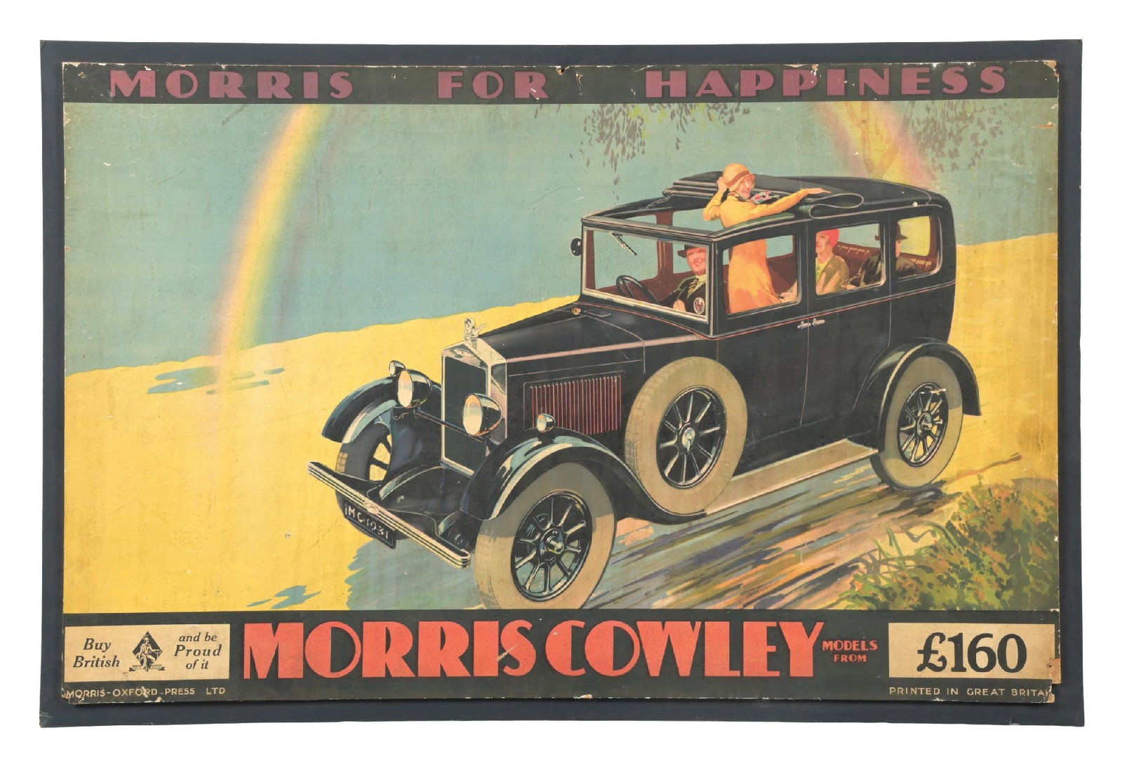 MORRIS COWLEY AUTOMOBILES CARDSTOCK ADVERTISING POSTER: C. 1930s. Rare cardstock advertisement for Morris Cowley Automobiles, showing driving car graphic. CONDITION: Poster is in fair condition, showing good color with light areas of staining and surface w