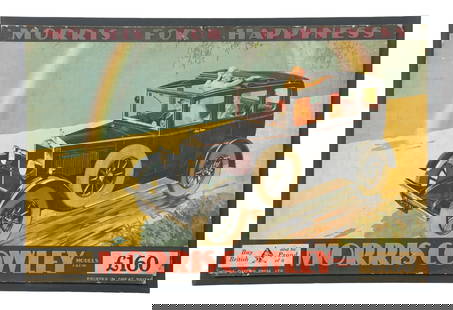 MORRIS COWLEY AUTOMOBILES CARDSTOCK ADVERTISING POSTER: C. 1930s. Rare cardstock advertisement for Morris Cowley Automobiles, showing driving car graphic. CONDITION: Poster is in fair condition, showing good color with light areas of staining and surface