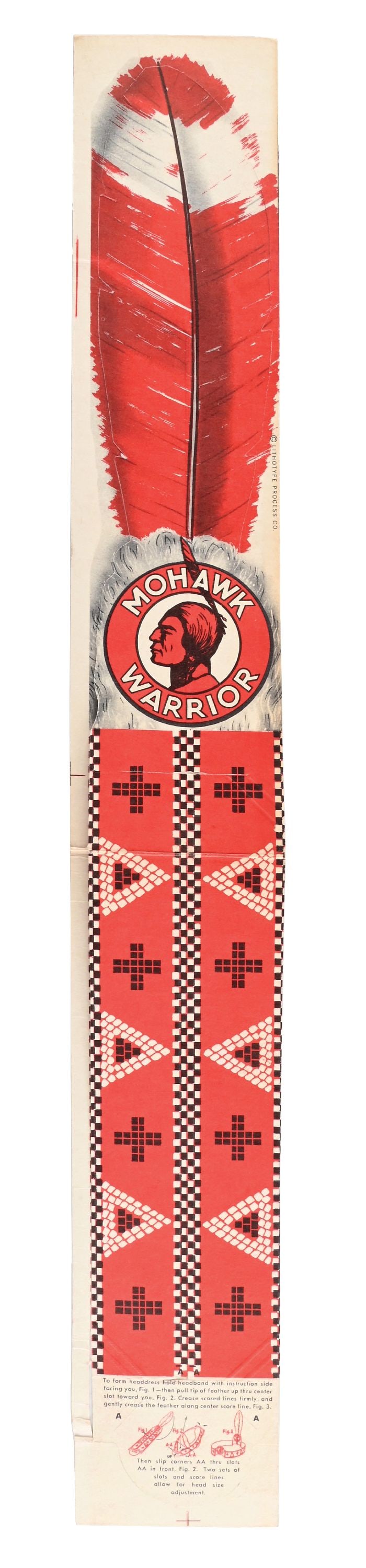 MOHAWK GASOLINE SERVICE STATION WARRIOR FEATHER HEADBAND: C. 1940s. Maker marked "Lithotype Process Co.". CONDITION: Headband is in outstanding new old stock condition with only limited storage wear. Headband shows outstanding color with Mohawk graphic and h