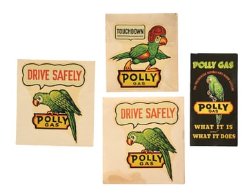 COLLECTION OF 4: POLLY GAS DECALS & SERVICE STATION BROCHURE