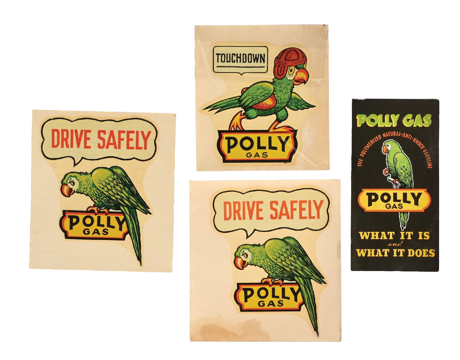 COLLECTION OF 4: POLLY GAS DECALS & SERVICE STATION BROCHURE: Collection consists of three individual Polly Gasoline water transfer decals as well as a Polly Gas tri-fold brochure. CONDITION: Each piece is in new old stock condition, showing only light areas of 