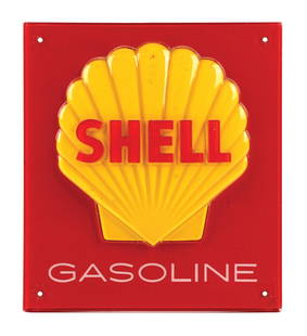 SHELL GASOLINE EMBOSSED PLASTIC PUMP PLATE SIGN: Single-Sided Embossed Plastic. C. 1960s. CONDITION: Excellent color and gloss, with minor areas of light surface scratching. Minimal wear at the edges and mounting holes, and overall excellent
