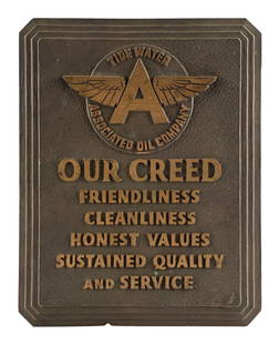 TIDE WATER ASSORTED OIL COMPANY BRASS SERVICE STATION PLAQUE SIGN: AGS CERTIFIED #11248. Single-Sided Cast Brass Service Station Plaque for Associated Oil Company, showing iconic Winged A graphic with the "Our Creed" slogan. CONDITION: Sign is overall excellent, show