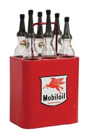 MOBILOIL SERVICE STATION OIL BOTTLE RACK W/ ORIGINAL GLASS BOTTLES