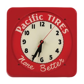 PACIFIC TIRES GLASS ADVERTISING LIGHT-UP CLOCK