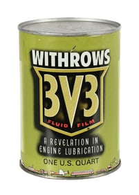 WITHROWS 3V3 MOTOR OIL ONE QUART CAN W/ CAR, BOAT, TRUCK & AIRPLANE GRAPHICS
