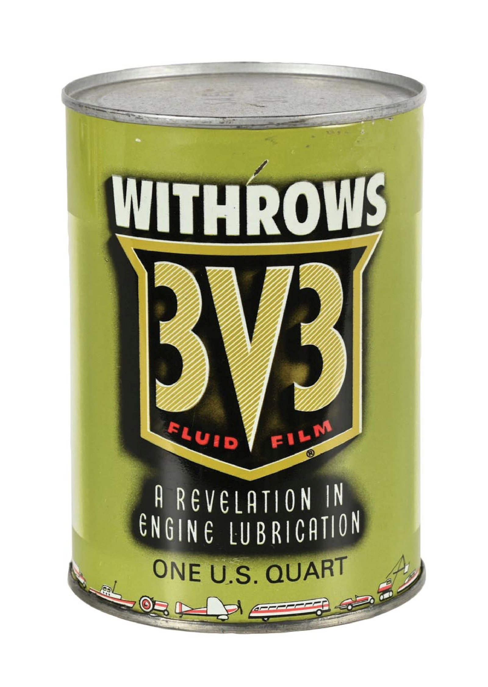 WITHROWS 3V3 MOTOR OIL ONE QUART CAN W/ CAR, BOAT, TRUCK & AIRPLANE GRAPHICS: One Quart Can. Arthur Withrow Co., Los Angeles. CONDITION: Can presents excellent color and gloss throughout, with just a few light surface scratches in the outer field. Can shows excellent transporta