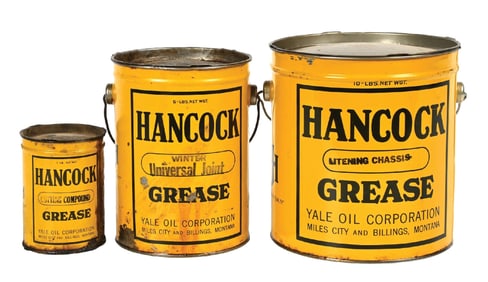 COLLECTION OF 3: HANCOCK TEN, FIVE & ONE POUND GREASE CANS