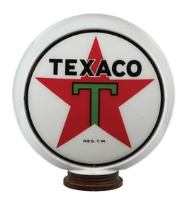 TEXACO GASOLINE COMPLETE 13.5" GLOBE ON MILK GLASS HULL BODY W/ THREADED BASE