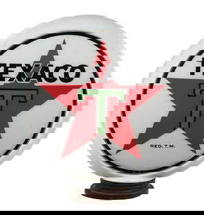 TEXACO GASOLINE COMPLETE 13.5" GLOBE ON MILK GLASS HULL BODY W/ THREADED BASE: C. 1930s. Complete 13.5" globe on milk glass hull body with threaded screw base. CONDITION: Lenses are each in excellent condition, showing bright color and gloss with only limited surface wear and li