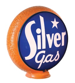 SILVER GAS SINGLE 13.25" GLOBE LENS ON ORIGINAL ORANGE RIPPLE GLOBE BODY