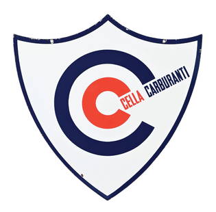 CELLA CARBURANTI PORCELAIN SERVICE STATION SHIELD SIGN: DSP. Outstanding color and gloss throughout each side, with one chip in the outer field of each side. Sign shows light chipping at the mounting holes which appear to be later added, as well as some li