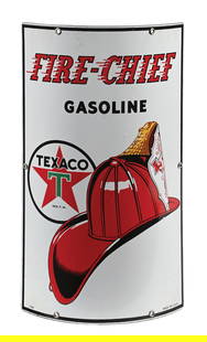 TEXACO FIRE CHIEF GASOLINE CURVED PORCELAIN PUMP PLATE SIGN: SSP. Sign is dated 1940. CONDITION: Excellent color and gloss throughout, showing no field chipping. Sign shows minor areas of stress lines in the outer fields with excellent condition mounting