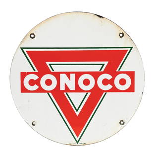 CONOCO GASOLINE PORCELAIN SIGN: SSP. Maker marked Texlite. CONDITION: Bright color and gloss throughout, showing areas of surface scratching as well as one area of streaking at the left side. Minimal mounting hole wear, with one