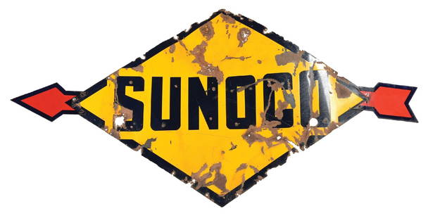 SUNOCO GASOLINE SERVICE STATION PORCELAIN SIGN W/ ARROW ATTACHMENTS: SSP. C. 1930s. CONDITION: Heavy wear throughout showing chipping as well as metal loss. Arrow attachments are in fair condition, and although heavily worn the sign displays nicely. This is not a