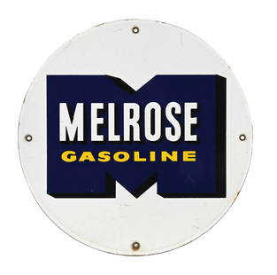 MELROSE GASOLINE PORCELAIN PUMP PLATE SIGN: SSP. CONDITION: Excellent color and gloss throughout with no field chipping, but showing some moderate surface scratching. Light wear at the mounting holes as well as some light nicks along the outer