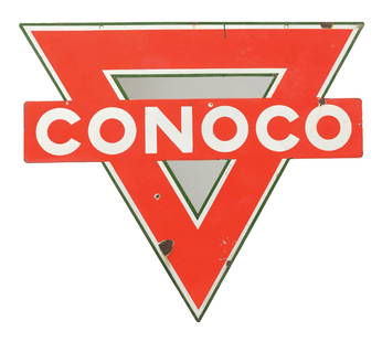 CONOCO GASOLINE DIECUT PORCELAIN SIGN: DSP. C. 1930s. Maker marked Veribrite. CONDITION: Bright color and gloss throughout each side, showing light field chipping with minor surface wear. The majority of the chipping is along the outer