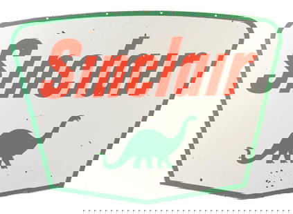 SINCLAIR GASOLINE PORCELAIN SIGN WITH DINO GRAPHIC: DSP. Sign is Maker Marked Ingrahm Richardson, dated 1960. CONDITION: Sign shows excellent color and gloss throughout each side, with light surface scratching as well as a moderate amount of light