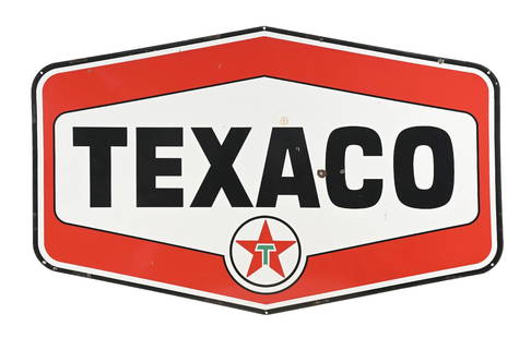 TEXACO GASOLINE PORCELAIN SERVICE STATION SIGN: DSP. C. 1960s. CONDITION: Sign shows very good color and gloss throughout each side, with each side showing areas of chipping in the inner and outer field. Sign shows one touched-up bullet hole near