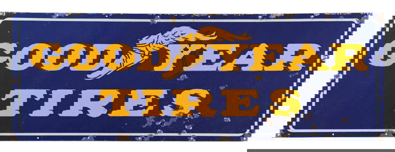 GOODYEAR TIRES PORCELAIN SIGN: SSP. C. 1930s. CONDITION: Sign shows very good color and gloss, with areas of surface scratching in the inner and outer fields as well as heavier chipping at the lower right. Sign shows moderate