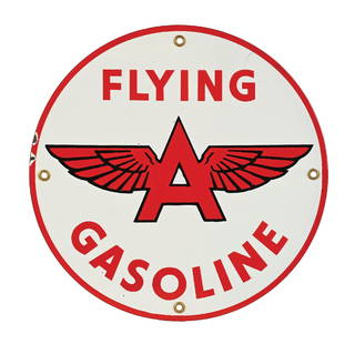 FLYING A GASOLINE PORCELAIN PUMP PLATE SIGN: SSP. C. 1950s. CONDITION: Brilliant color and gloss throughout the inner and outer field showing no chipping. No notable wear at the mounting holes, with light chipping at the left edge. An excellent