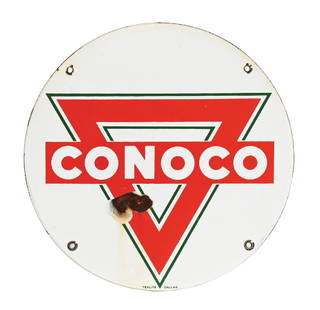 CONOCO GASOLINE PORCELAIN SIGN: SSP. Maker marked Texlite. CONDITION: Bright color and gloss, showing one heavy chip in the lower field as well as some light surface scratches. Minor mounting hole wear with light wear at the edge.