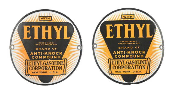 COLLECTION OF 2: ETHYL GASOLINE CORPORATION CURVED PORCELAIN SIGNS: SSP. Collection consists of two individual curved porcelain pump plates showing Ethyl burst graphics. CONDITION: Each sign showing excellent color and gloss with minor areas of surface scratching, as