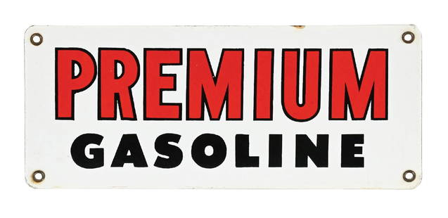 PREMIUM GASOLINE PORCELAIN PUMP PLATE SIGN: SSP. C. 1950s. CONDITION: Outstanding color and gloss throughout, with no notable field wear. Minor nick on the upper edge, with no notable wear to the mounting holes. An excellent example.
