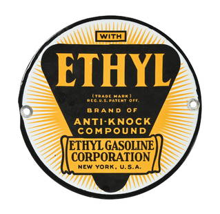 ETHYL GASOLINE PORCELAIN PUMP PLATE SIGN: SSP. C. 1930s. CONDITION: Brilliant color and gloss throughout, showing no notable field wear. Mounting holes are in excellent condition, with only a light amount of outer edge wear. Overall