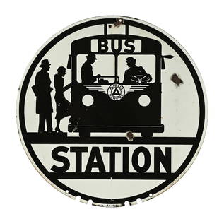 BUS STATION PORCELAIN SIGN W/ BUS GRAPHIC: DSP. C. 1950s. Marked "P.S. No, 1" at lower edge. CONDITION: Excellent color and gloss throughout each side, showing chipping in the fields of each side and light surface scratching. One nail hole at