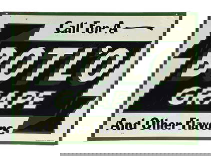CALL FOR A BOTL'O GRAPE SODA POP EMBOSSED TIN SIGN: SST. Maker Marked Scioto Sign Co, Kenton, Ohio. CONDITION: Excellent color and gloss throughout, with light surface scratches present in the field. Tack hole wear at the left and right upper edge with