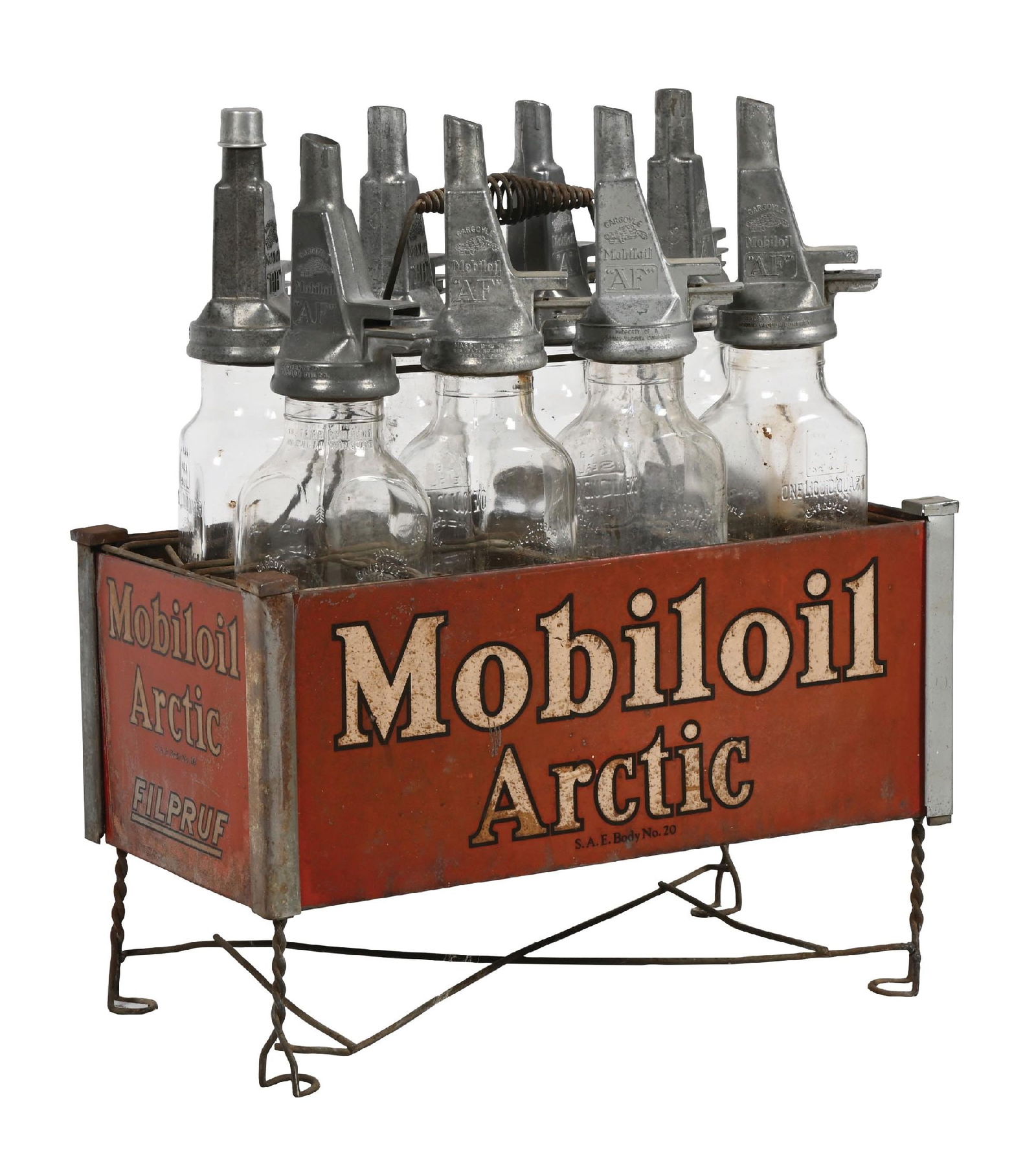 MOBILOIL ARTIC MOTOR OIL RACK COMPLETE W/ EIGHT MOBILOIL FILPRUF GLASS BOTTLES (1 of 4)
