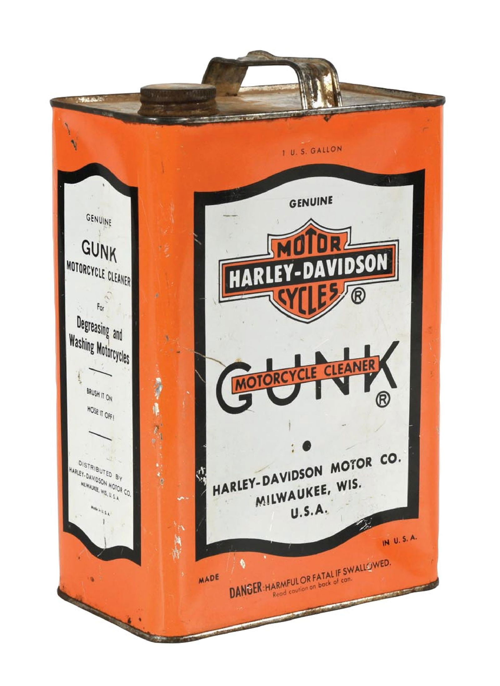 HARLEY-DAVIDSON GUNK CLEANER ONE GALLON CAN: One Gallon Can. C. 1950s. CONDITION: Can shows bright color and gloss throughout, with minor areas of surface scratches as well as some minor dents. Can shows original lid and carrying handle intact.