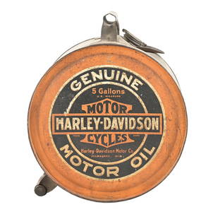 HARLEY DAVIDSON MOTOR OILS FIVE GALLON ROCKER CAN: C. 1920s. CONDITION: Can shows very good color and gloss throughout each side, with each side showing moderate surface rusting as well as areas of surface scratching and minor paint loss. Can shows or