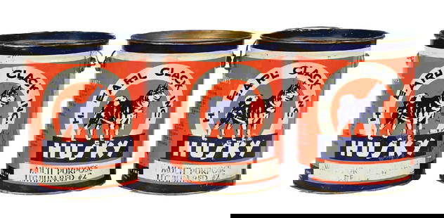 COLLECTION OF 3: H. EARL CLACK HUSKY OIL TEN POUND GREASE CANS: C. 1950s. CONDITION: Cans each show good color and gloss, with areas of surface scratching and grease staining. Cans each show their original lids and carrying handles with clean Husky Dog graphics.