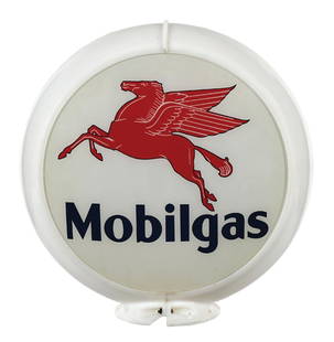 MOBILGAS COMPLETE 13.5" GLOBE ON CAPCO BODY: Complete 13.5" globe on Capco body. CONDITION: Lenses each show excellent condition fields with clean script and Pegasus graphics. Lenses each show some minor age staining in the white, as well as