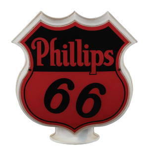 PHILLIPS 66 GASOLINE COMPLETE PLASTIC SHIELD GLOBE: Complete Globe on Original Plastic Body. CONDITION: Globe shows excellent color and gloss, with only minimal areas of light edgewear on each lens. Original plastic shield body showing only minimal