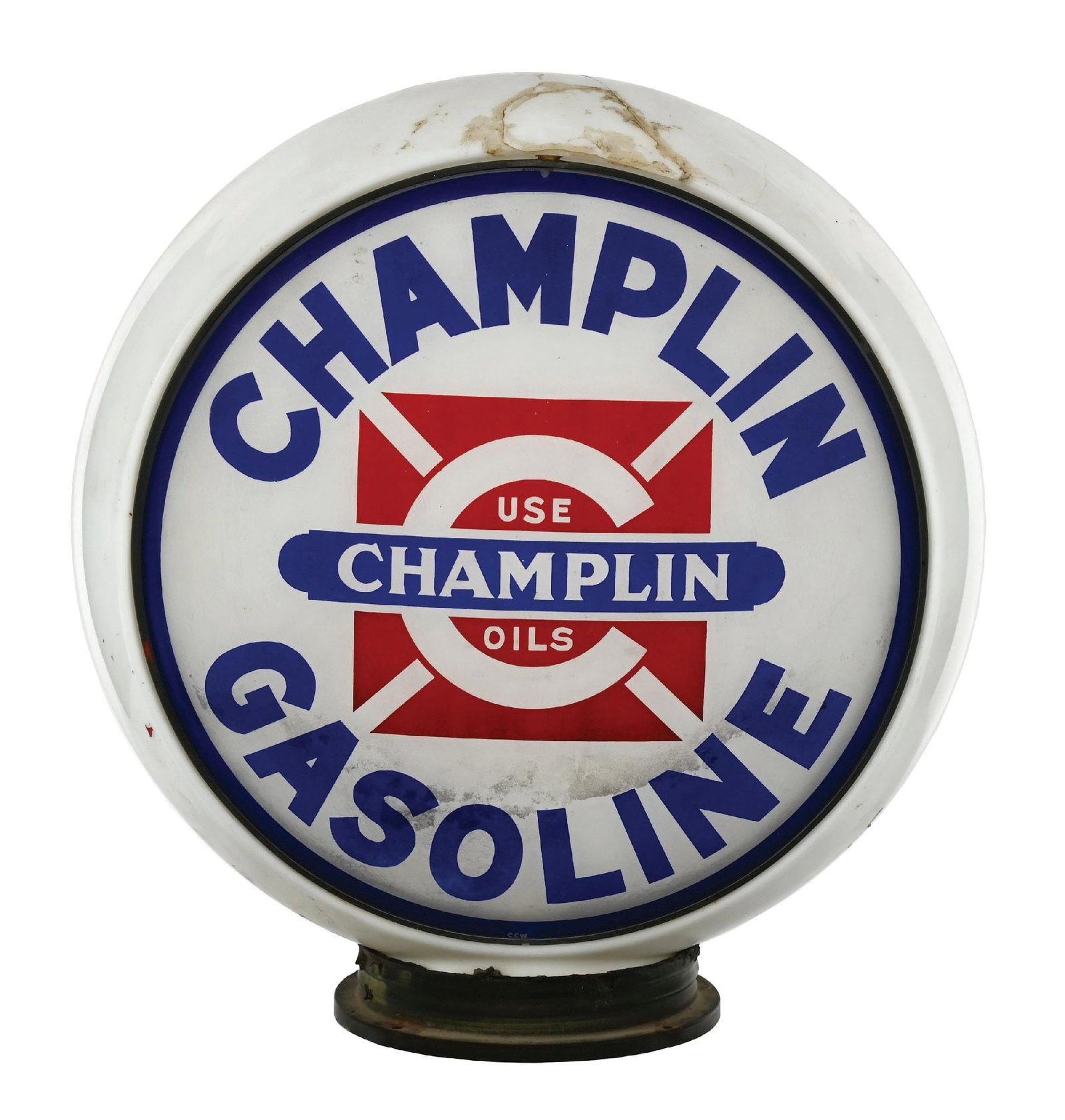 CHAMPLIN GASOLINE SINGLE 13.5" GLOBE ON BANDED MILK GLASS BODY: Single 13.5" globe lens on milk glass banded body. CONDITION: Lens shows very good color throughout the field with some minor fading in the gasoline wording. Lens is set on a milk glass banded body, w