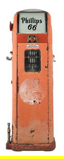 NATIONAL MODEL A38 GAS PUMP: C. 1930s. CONDITION: Pump is in original as found condition, showing original paint with original Phillips 66 decals and ad glass. Pump shows areas of denting in the panels, and is missing the